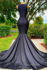 Charming Black Long Mermadi Jewel Satin Tulle Lace Appliques Evening Prom Dress