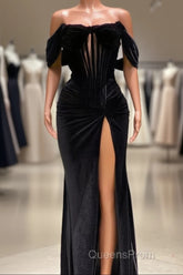 Charming Black Long Mermaid Off the Shoulder Velvet Evening Prom Dress with Slit
