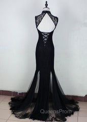 Charming Black Mermaid Backless Long Evening Dress, High Neckline Evening Prom Dress