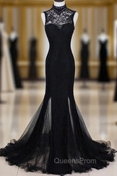 Charming Black Mermaid Backless Long Evening Dress, High Neckline Evening Prom Dress