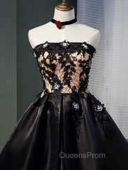 Charming Black Satin with Lace Applique Homecoming Dress, Knee Length Evening Prom Dress