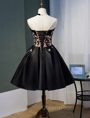 Charming Black Satin with Lace Applique Homecoming Dress, Knee Length Evening Prom Dress