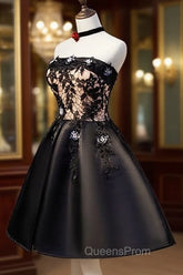 Charming Black Satin with Lace Applique Homecoming Dress, Knee Length Evening Prom Dress