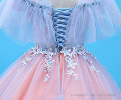 Charming Blue and Pink Tulle Off Shoulder Sweet 16 Dress with Lace, Ball Gown Formal Dress