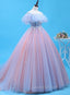 Charming Blue and Pink Tulle Off Shoulder Sweet 16 Dress with Lace, Ball Gown Evening Dress