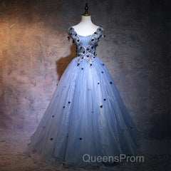 Charming Blue Ball Gown Lace Long Formal Dress, Blue Tulle Sweet 16 Dress With Flowers