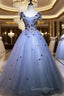 Charming Blue Ball Gown Lace Long Formal Dress, Blue Tulle Sweet 16 Dress With Flowers