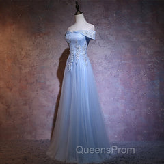 Charming Blue Elegant Tulle Party Dress with Lace Applique, Long Evening Prom Dress