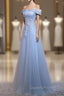 Charming Blue Elegant Tulle Party Dress with Lace Applique, Long Evening Prom Dress