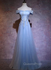 Charming Blue Elegant Tulle Party Dress with Lace Applique, Long Evening Prom Dress