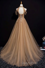 Charming Champagne Tulle Halter Long Party Gown, Evening Prom Dress
