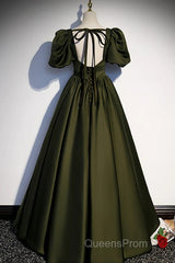 Charming Dark Green Puffy Sleeves Long Evening Gown, Satin Floor Length Evening Prom Dress