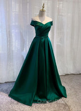 Charming Dark Green Satin Long Junior Evening Prom Dress, Off Shoulder Evening Gown