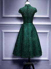 Charming Dark Green Tea Length High Neckline Party Dress, Wedding Party Dress
