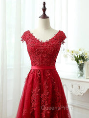 Charming Dark Red Lace A-line Long Evening Prom Dress, Red Evening Gown