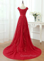 Charming Dark Red Lace A-line Long Evening Prom Dress, Red Evening Gown