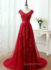 Charming Dark Red Lace A-line Long Evening Prom Dress, Red Evening Gown