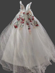 Charming Floral Embroidery Long Evening Prom Dress V Neck A Line Party Dress