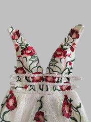 Charming Floral Embroidery Long Evening Prom Dress V Neck A Line Party Dress