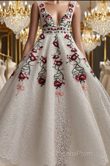 Charming Floral Embroidery Long Evening Prom Dress V Neck A Line Party Dress