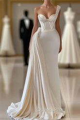Charming Ivory One Shoulder Sleeveless Sweetheart A-line Bridal Dress With Beads
