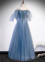 Charming Light Blue Tulle Puffy Sleeves Floor Length Party Dress A-Line Pricess Gowns Evening Prom Dress Sparkly