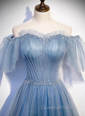 Charming Light Blue Tulle Puffy Sleeves Floor Length Party Dress A-Line Pricess Gowns Evening Prom Dress Sparkly