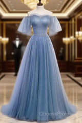 Charming Light Blue Tulle Puffy Sleeves Floor Length Party Dress A-Line Pricess Gowns Evening Prom Dress Sparkly