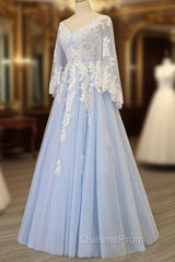Charming Light Blue Tulle V-neckline Long Party Dress, Evening Prom Dress