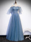 Charming Light Blue Tulle Puffy Sleeves Floor Length Party Dress, Blue A-Line Pricess Gowns Classy Prom Dress