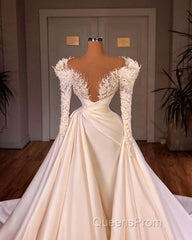Charming Long A-line Cathedral V-neck Satin Lace Wedding Dress With Sleeves