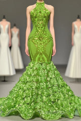 Charming Long Mermaid Halter Satin Lace Backless Evening Prom Dress