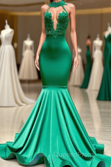 Charming Long Mermaid Halter Stretch Satin Lace Backless Evening Prom Dress