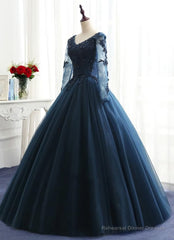 Charming Long Sleeves Navy Blue Tulle Party Gown, Navy Blue Prom Dress