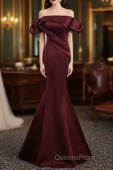 Charming Maroon Satin Mermaid Off Shoulder Evening Prom Dress, Maroon Party Dress