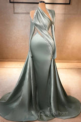 Charming Mermaid Irregular Collar Satin Rhinestone Halter Ruffled Long Evening Prom Dress Formal Evening Gown