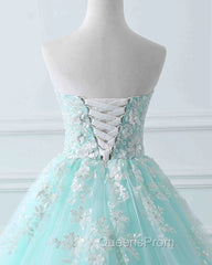 Charming Mint Green Tulle Ball Gown Sweet 16 Dress, Lace Applique Evening Prom Dress