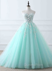 Charming Mint Green Tulle Ball Gown Sweet 16 Dress, Lace Applique Evening Prom Dress