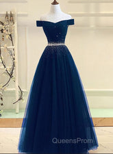 Charming Navy Blue Off Shoulder Floor Length Beaded Party Dress, Party Dress
