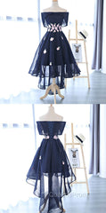 Charming Navy Blue Tulle Party Dress with Flowers, Cute Evening Prom Dress