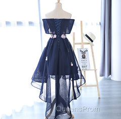 Charming Navy Blue Tulle Party Dress with Flowers, Cute Evening Prom Dress