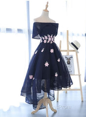 Charming Navy Blue Tulle Party Dress with Flowers, Cute Evening Prom Dress