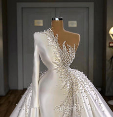 Charming One Shoulder Satin Mermaid Bridal Gowns Pearls Beading Party Gowns