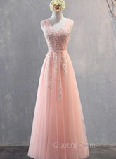 Charming Pearl Pink Tulle Simple Party Dress with Lace, V-neckline Long Evening Dress
