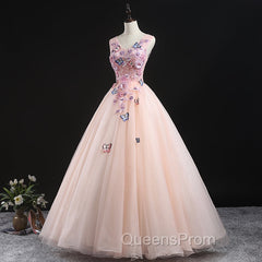 Charming Pink Flowers Ball Gown Long Sweet 16 Dress, Pink Evening Prom Dress