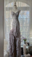 Charming Purple Beaded Short Front And Long Back Ruffled Chiffon Skirt Prom Dress