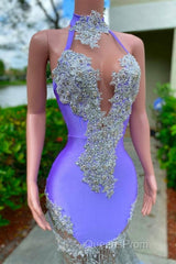Charming Purple Long Mermaid Halter Satin Tulle Evening Prom Dress
