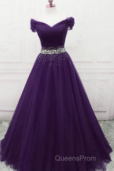 Charming Sequins Off Shoulder Dark Purple Long Evening Prom Dress, Off the Shoulder Dark Purple Formal Evening Dress