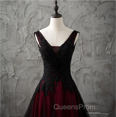 Charming Sleeveless Black and Red Lace Appliques Beaded Party Dress, Low Back Evening Prom Dress