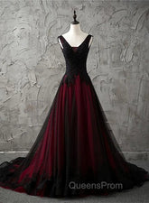 Charming Sleeveless Black and Red Lace Appliques Beaded Party Dress, Low Back Evening Prom Dress